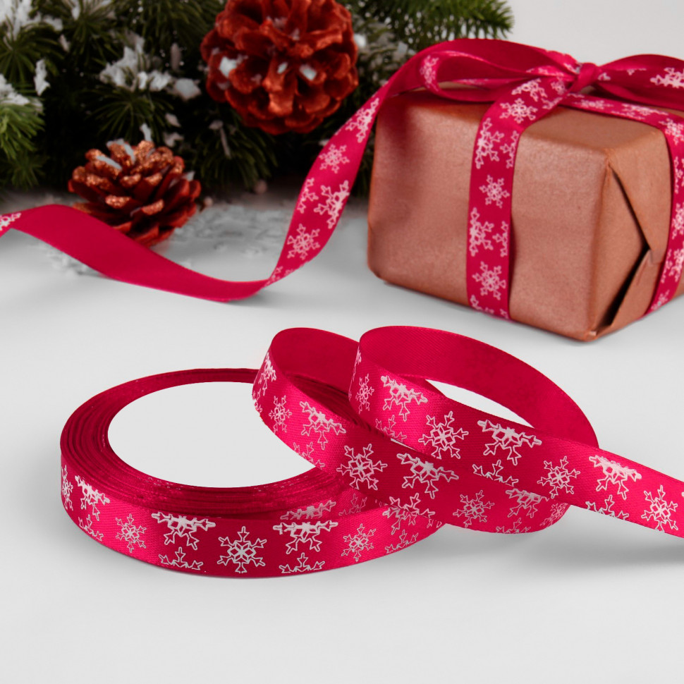Лента атласная Вишневая "Снежинки" 1,5 см / 3 м 
