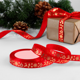 Лента атласная Красная &quot;Новогодние символы&quot; 1,5 см / 3 м 