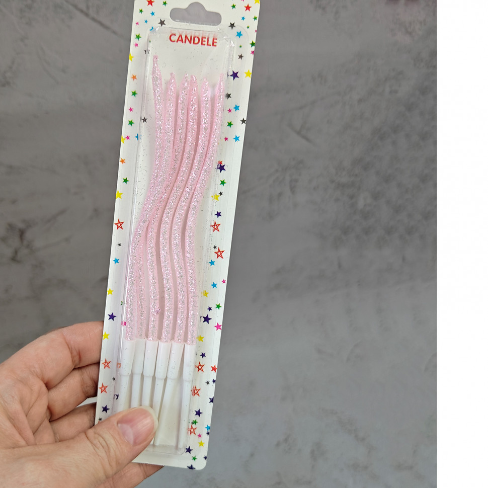 Набор свечей для торта, Волнистые, Нежно-розовые с блестками, 15 см / 6 шт