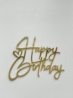 Декор из акрила "Happy Birthday (с днем рождения)" с ♥, золотой  / 10 см