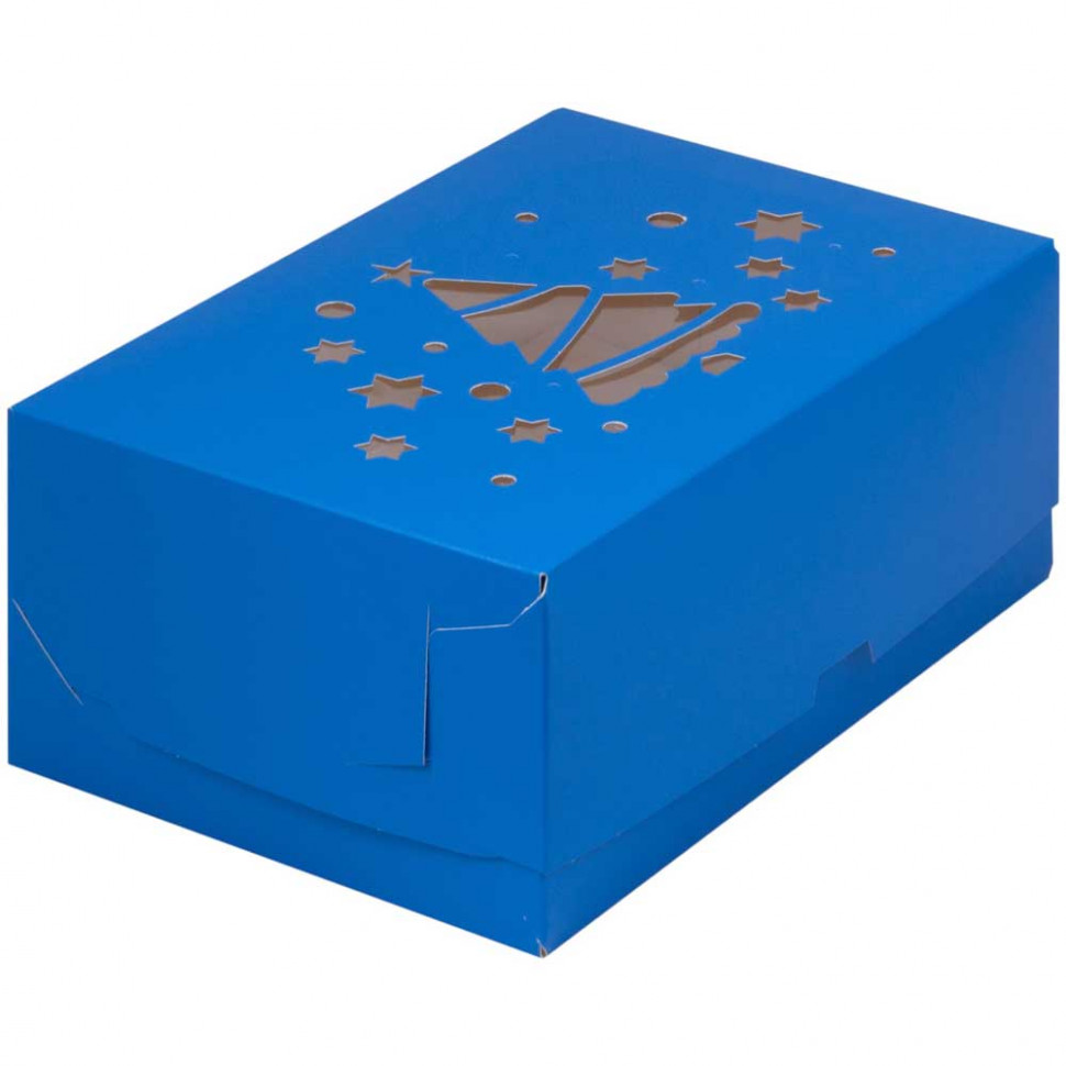 Коробка для 6 капкейков с резным окном "Елочка", синяя