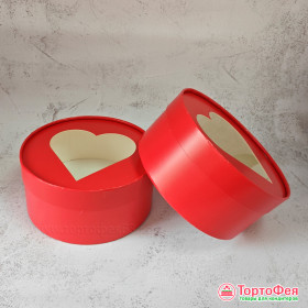 Коробка круглая d 16 выс. 7 см, с окном &quot;Сердце&quot;, Красная