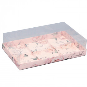 Коробка для 6 муссовых пирожных 27х17х6,5 см с прозрачной крышкой, &quot;Пионы&quot;