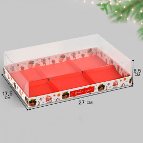 Коробка для 6 муссовых пирожных 27х17.8х6.5 см с прозрачной крышкой &quot;С Новым годом!&quot;  (на 6 шт)  